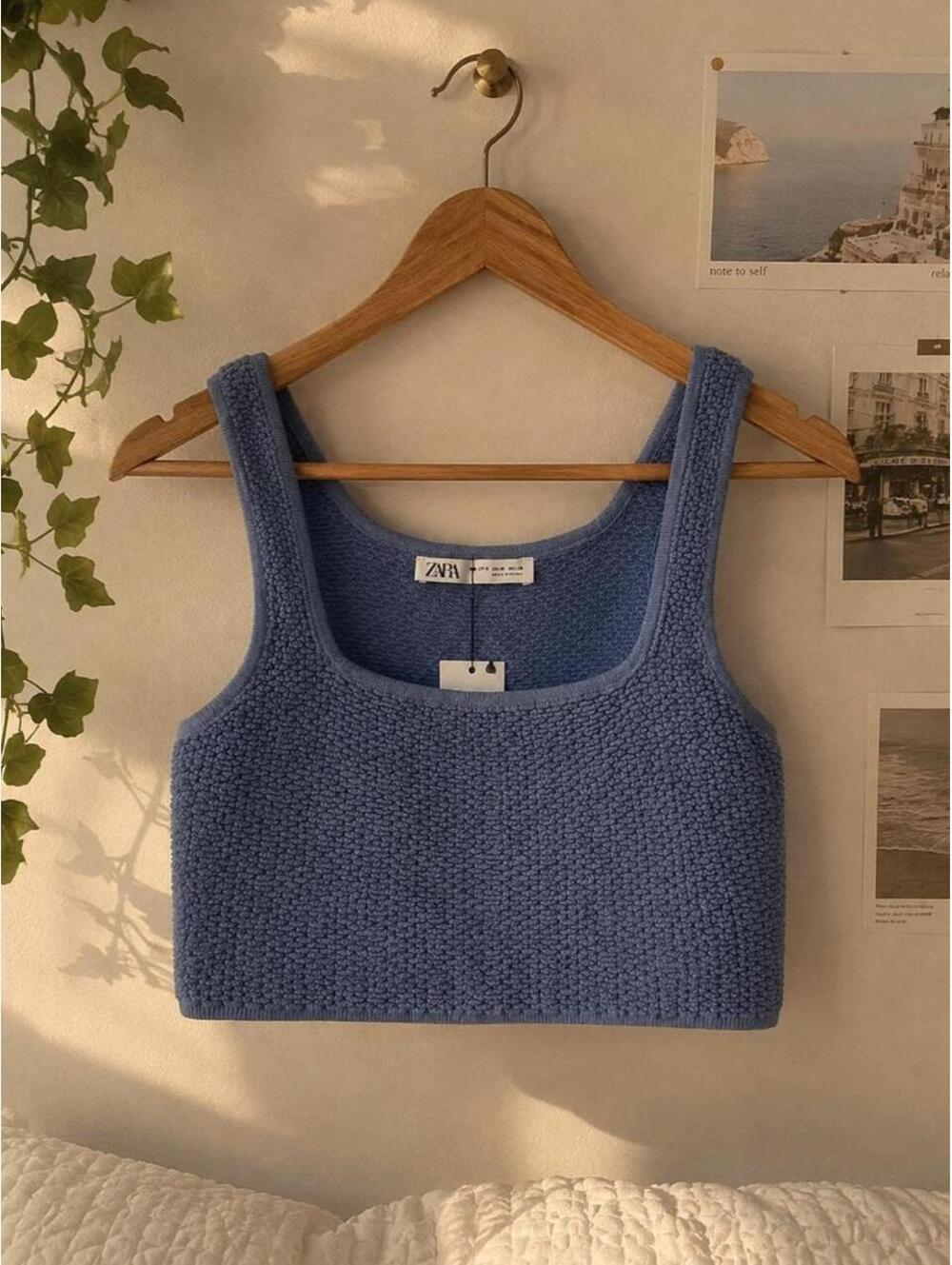 Zara dusty blue textured crop top